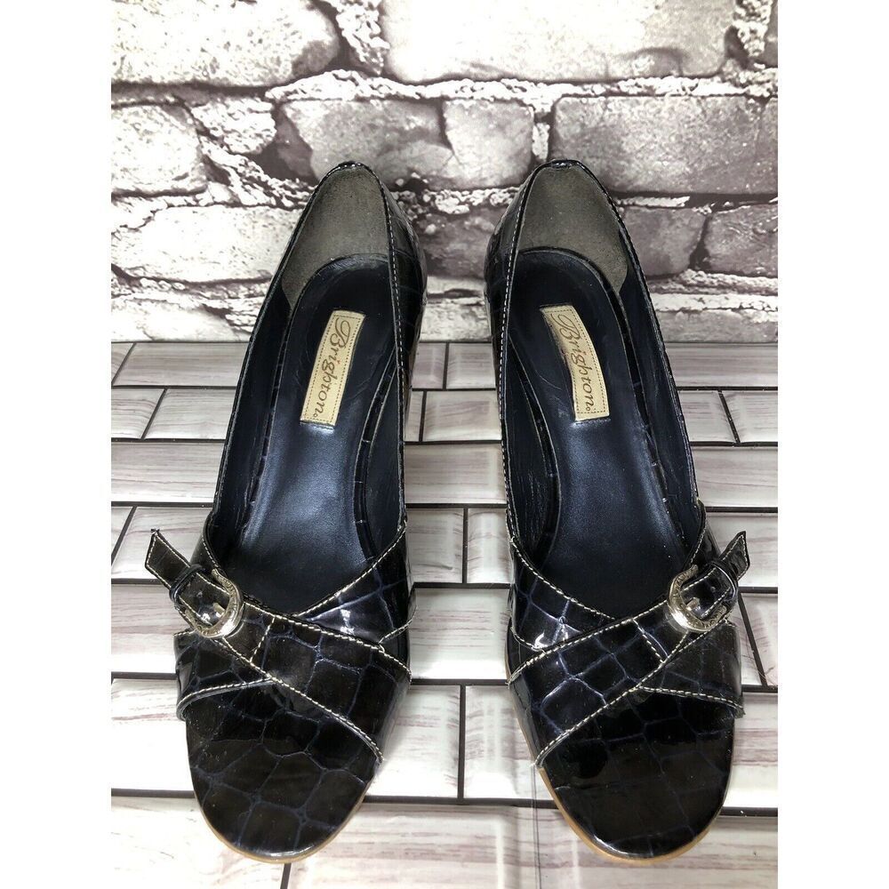Brighton Riva Blue Croc Patent Leather Espadrille High Wedge Women Sz 9M US/40EU - Picture 10 of 16